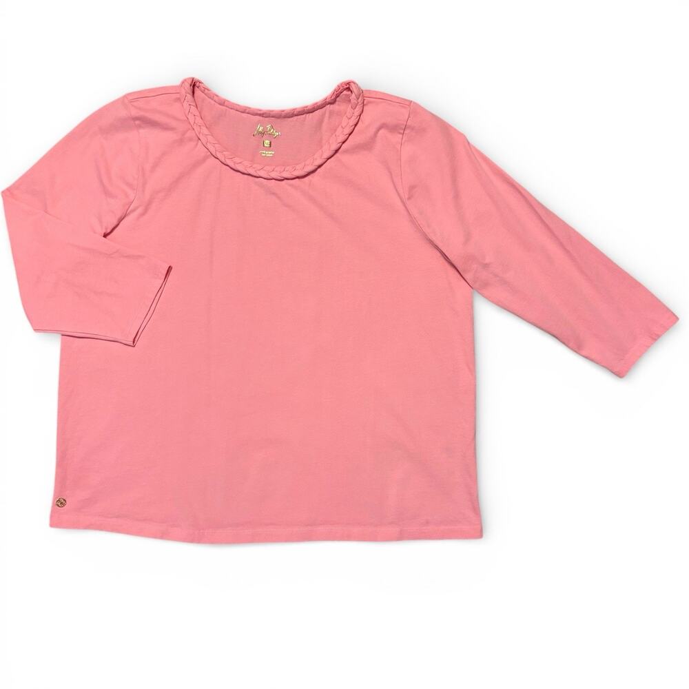 Lilly Pulitzer Paulson Knit Top Size XL Pink Braided Crew Neck 3/4 Sleeve Spring